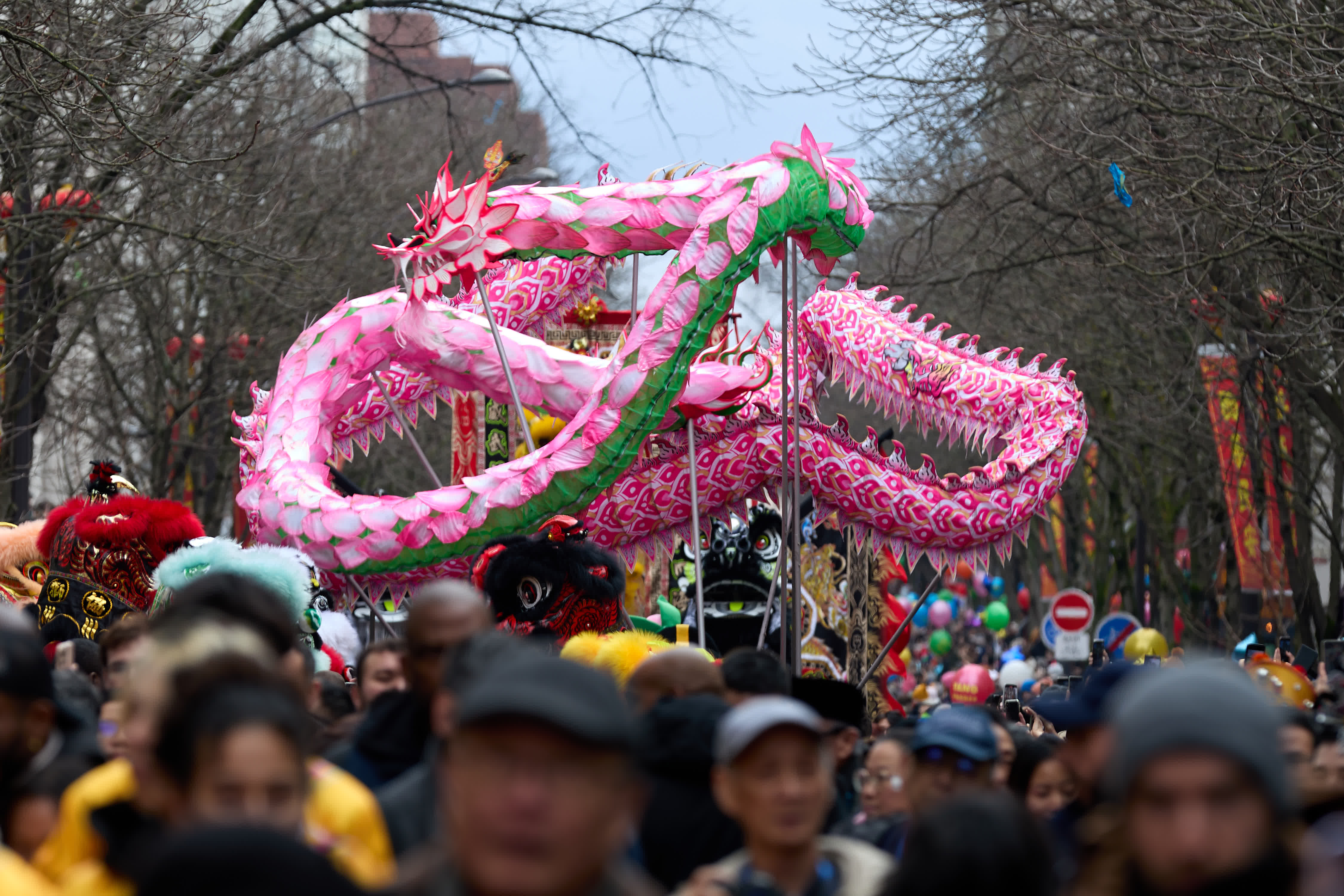 這是2月9日在法國巴黎舉行的春節(jié)彩妝遊行活動上拍攝的舞龍表演。（新華社）