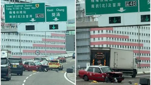 青葵公路的士撞欄橫亙路中 往機場方向交通受阻