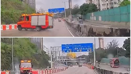 (有片) 龍翔道消防車跣胎 打白鴿轉撞水馬有驚無險