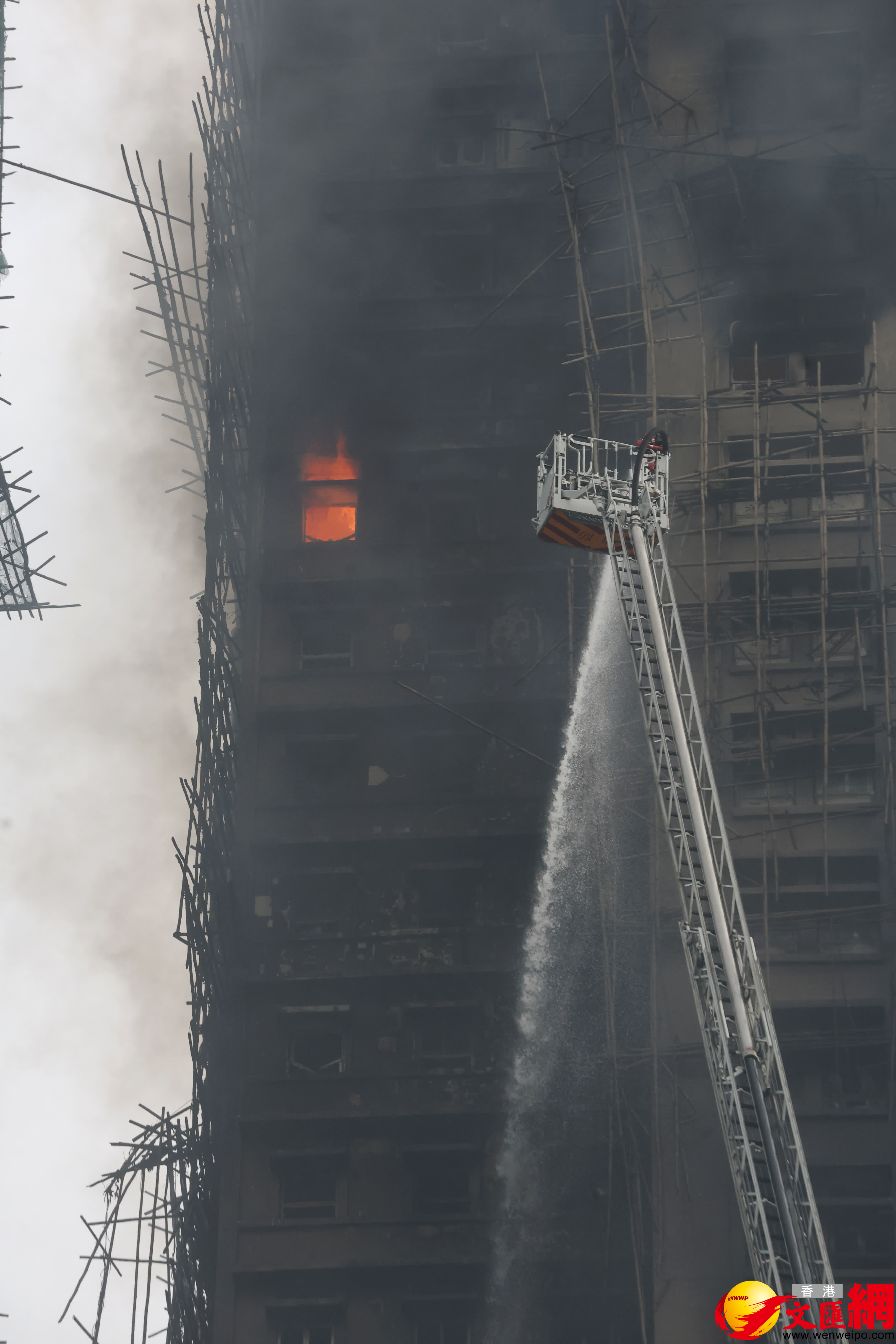 大埔宏福苑火場27日上午情況。（香港文匯報記者郭木又攝）