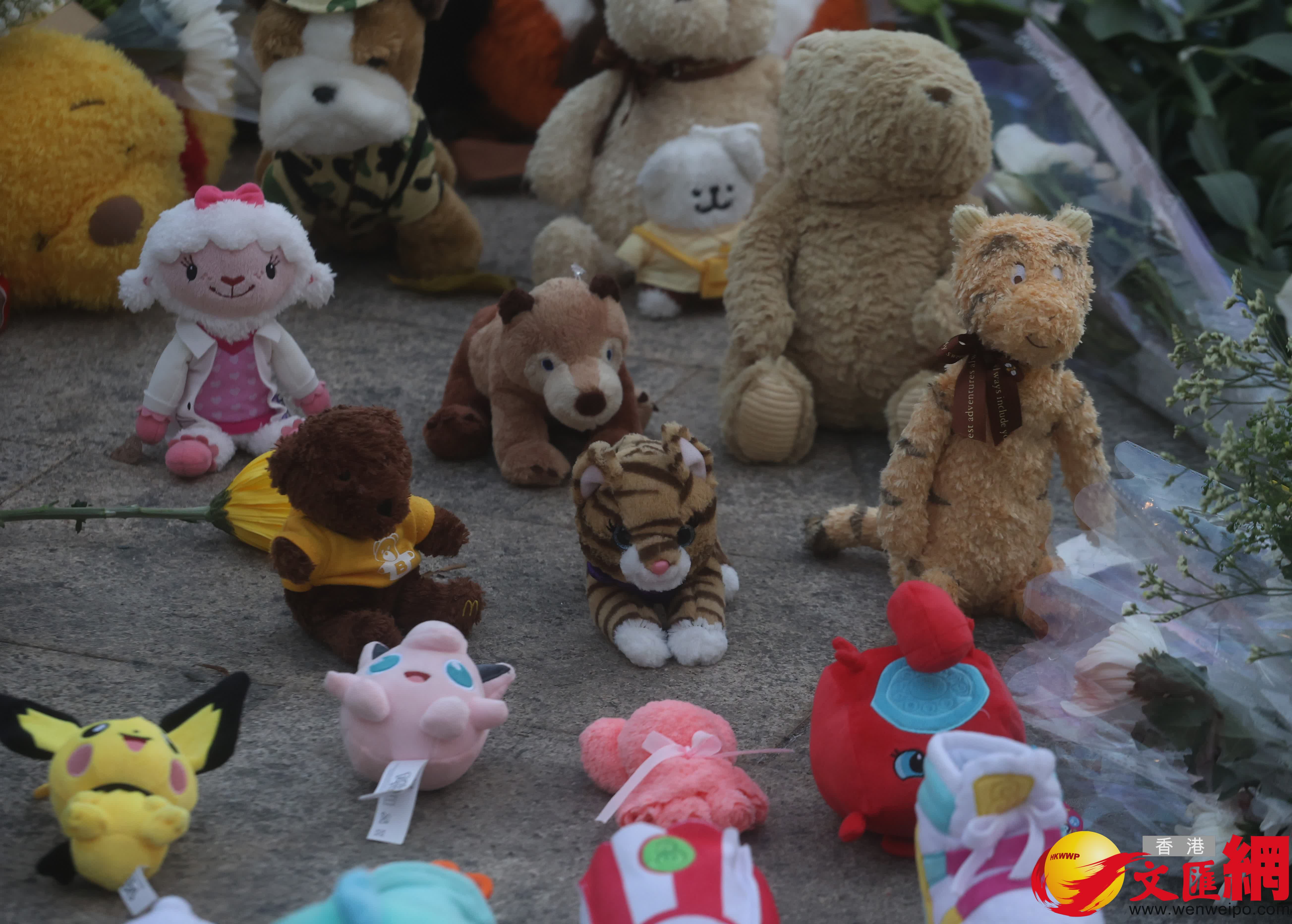 市民前往大埔宏福苑附近公園獻花致哀，留下花束等表達哀思。（香港文匯報記者郭木又攝）