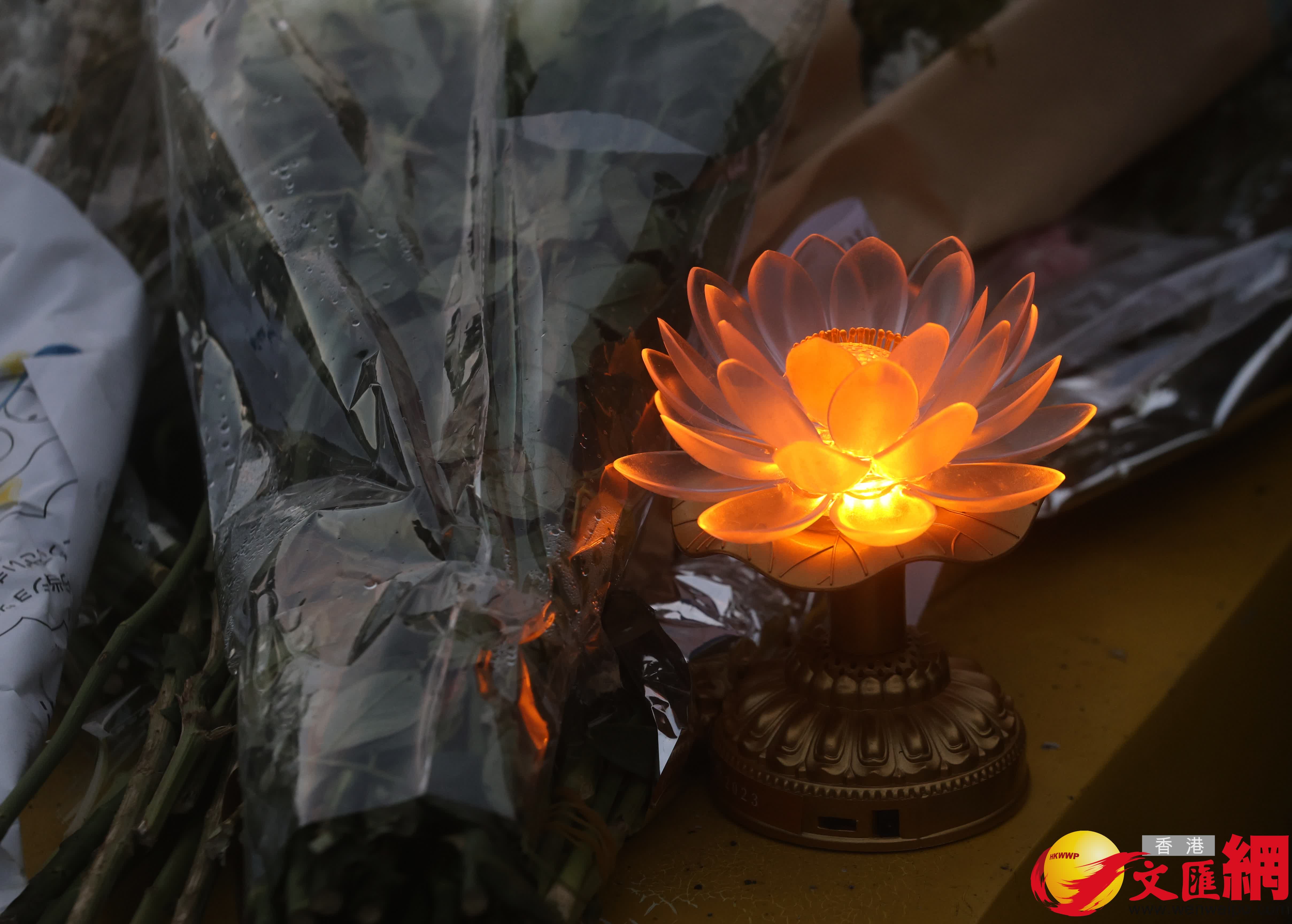 市民前往大埔宏福苑附近公園獻花致哀，留下花束等表達哀思。（香港文匯報記者郭木又攝）