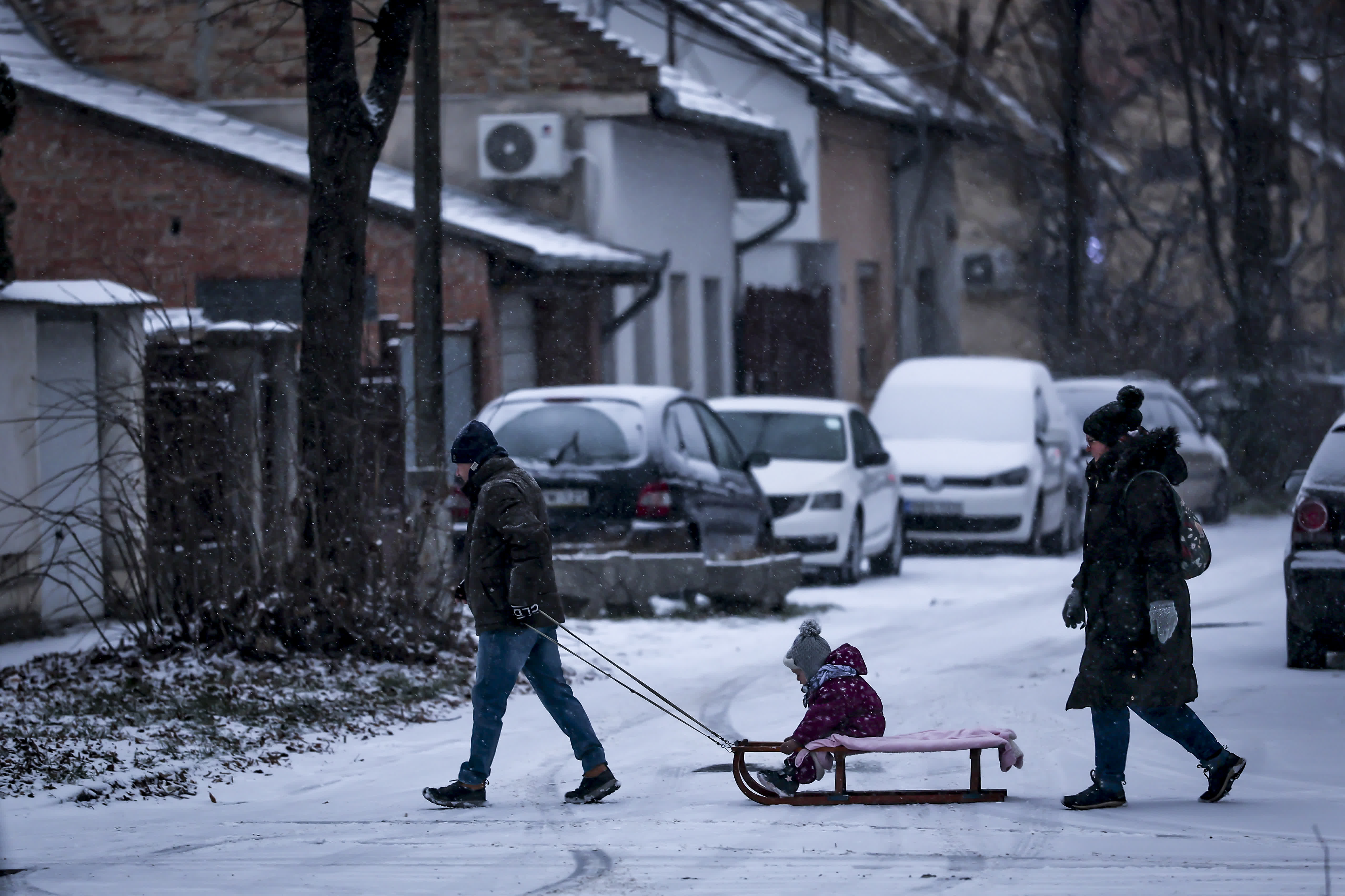 1月5日，在匈牙利布達佩斯，人們在雪地玩耍。（新華社）