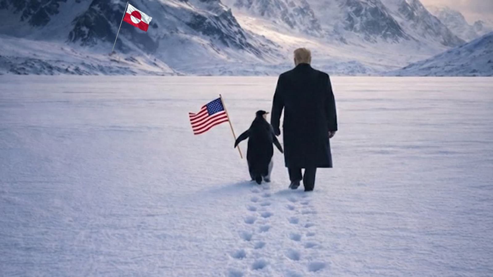 白宮發布特朗普與企鵝走向格陵蘭島AI圖片