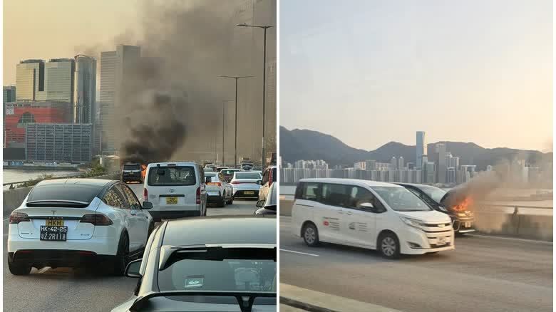 (有片) 觀塘繞道七人車自焚 司機跳車逃生