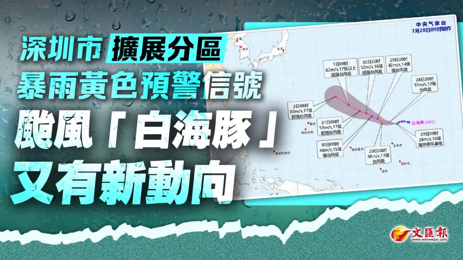 深圳市擴展分區暴雨黃色預警信號　颱風「白海豚」又有新動向
