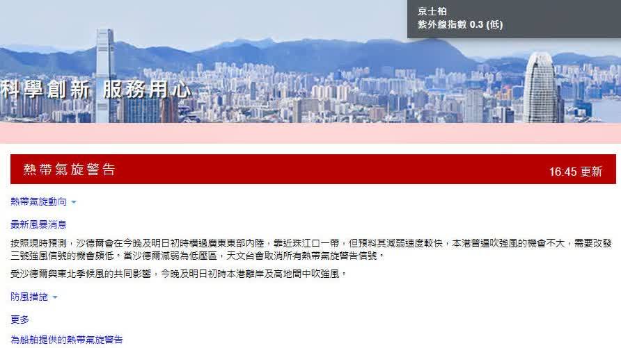 天文台：當沙德爾減弱為低壓區　會取消所有熱帶氣旋警告信號