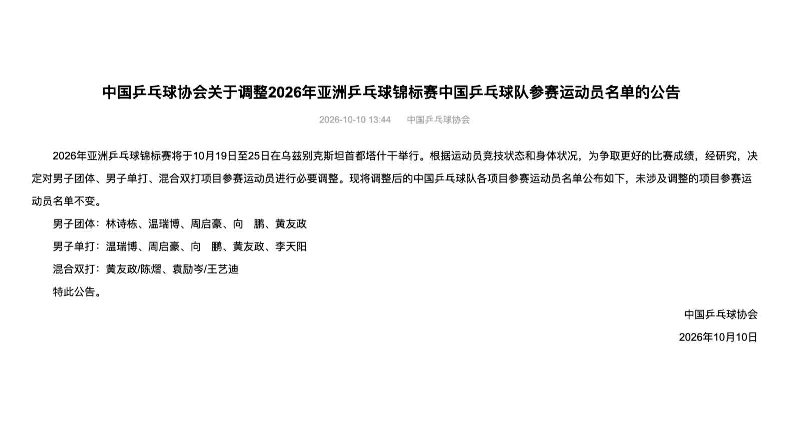國乒調整亞錦賽三個項目參賽名單